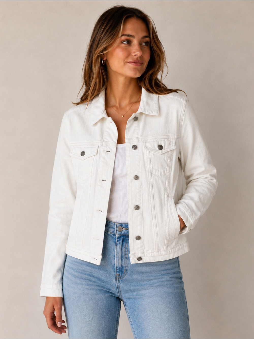 White Jean Jacket Denim Coat Size Small Button Down Pockets Classic Staple